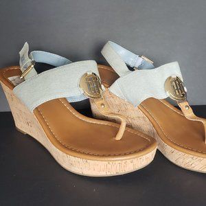 Tommy Hilfiger Vani Thong Sandals 11M Denim Cork Wedge Platform Heel